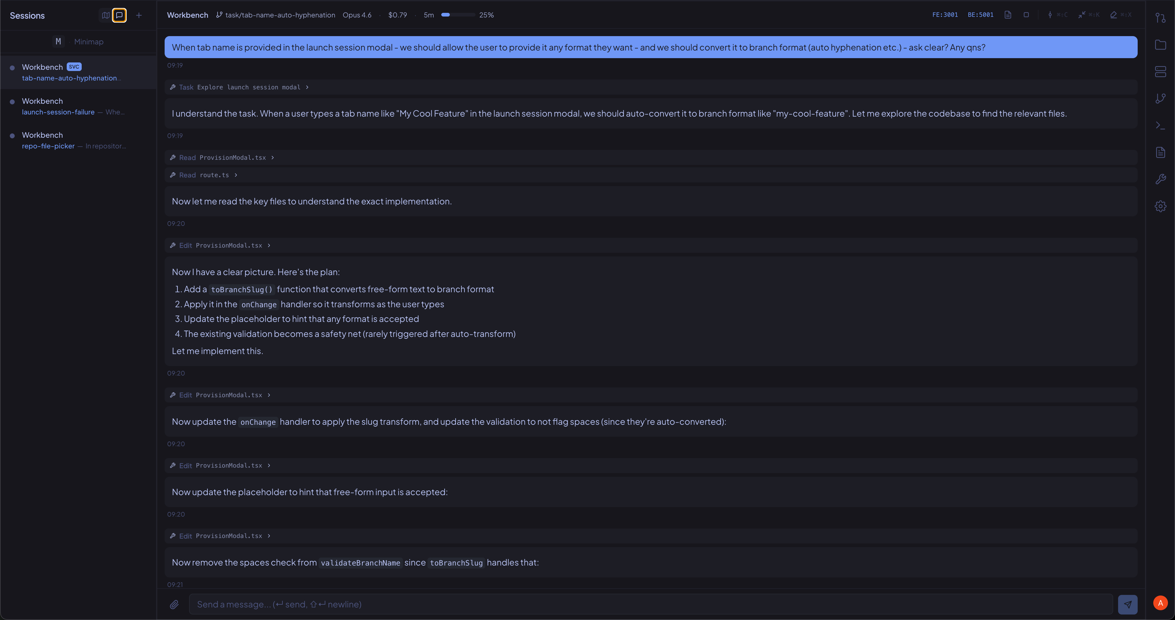 CodeBench chat view — AI coding conversation with real-time tool calls