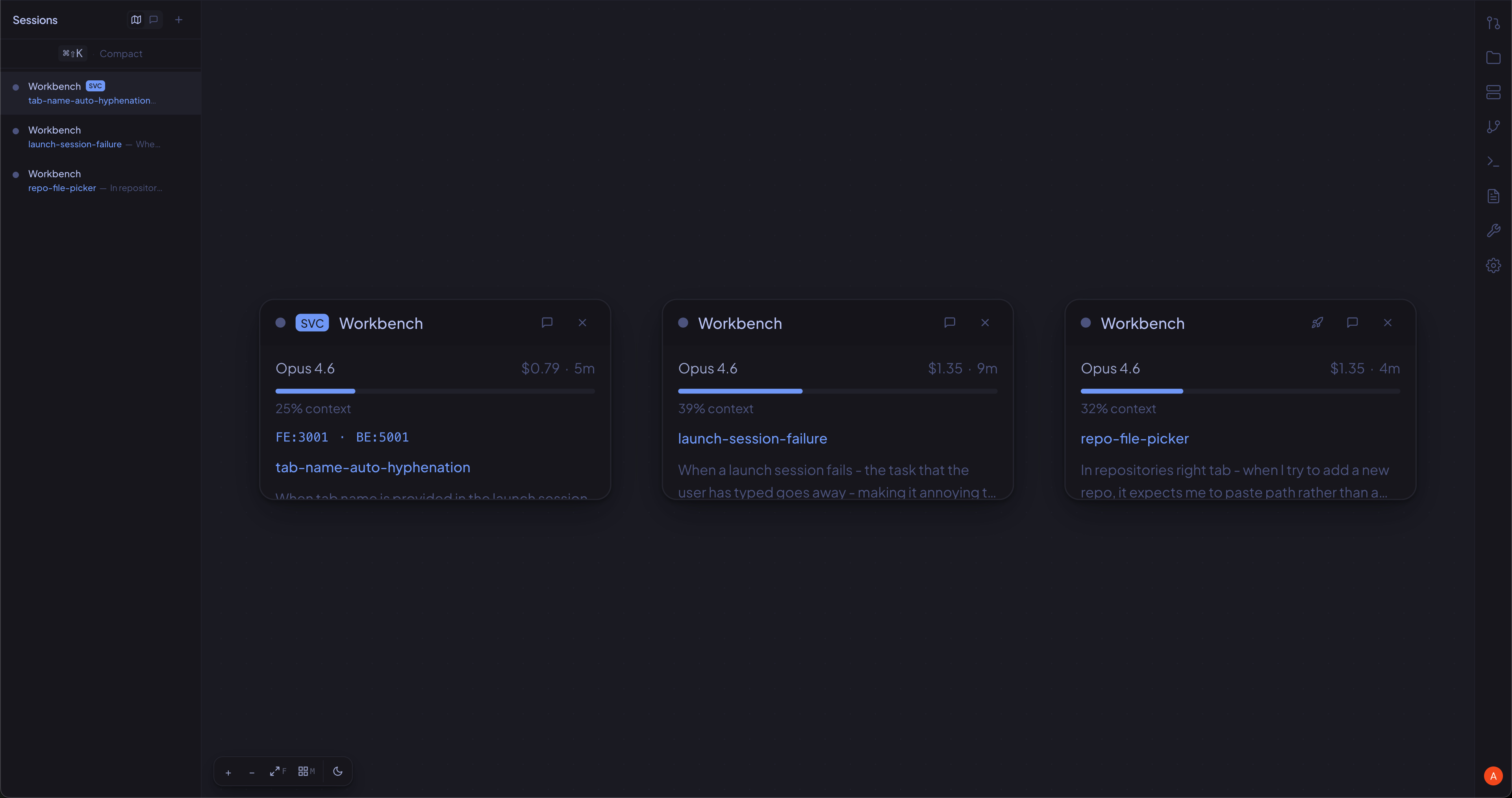 CodeBench map view — spatial canvas with multiple AI coding sessions